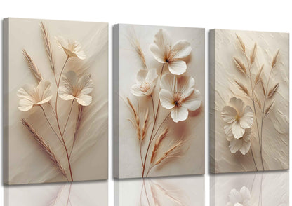 3Pcs Neutral Beige Floral Botanical Canvas Wall Art Modern Simple Texture Flower Plant Painting Wall Decor