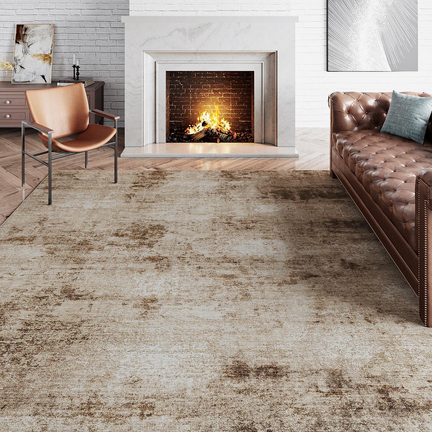 8x10 Washable Area Rug Brown Neutral Abstract Living, Non Slip Soft Low Pile Indoor Floor Carpet