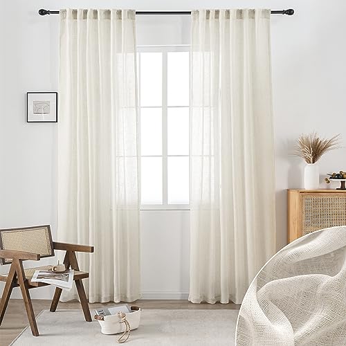 DUALIFE Cream Beige Natural Linen Semi Sheer Window Curtain 84 Inch Length Boho Drapes
