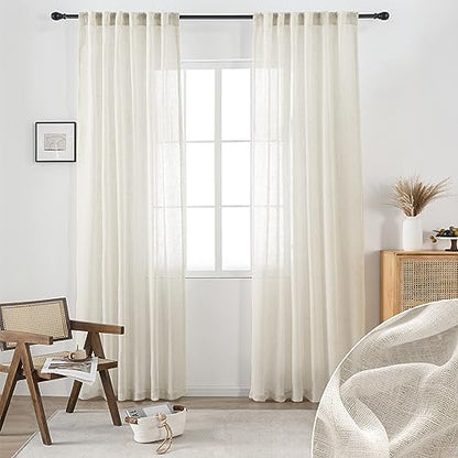 DUALIFE Cream Beige Natural Linen Semi Sheer Window Curtain 84 Inch Length Boho Drapes