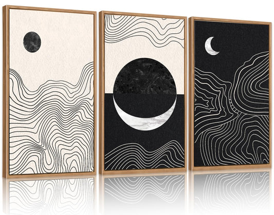 Abstract Sun Moon Framed Canvas Art Prints Set (16"x24") 3 Panels Modern Neutral Black and White Artwork