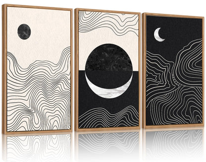 Abstract Sun Moon Framed Canvas Art Prints Set (16"x24") 3 Panels Modern Neutral Black and White Artwork