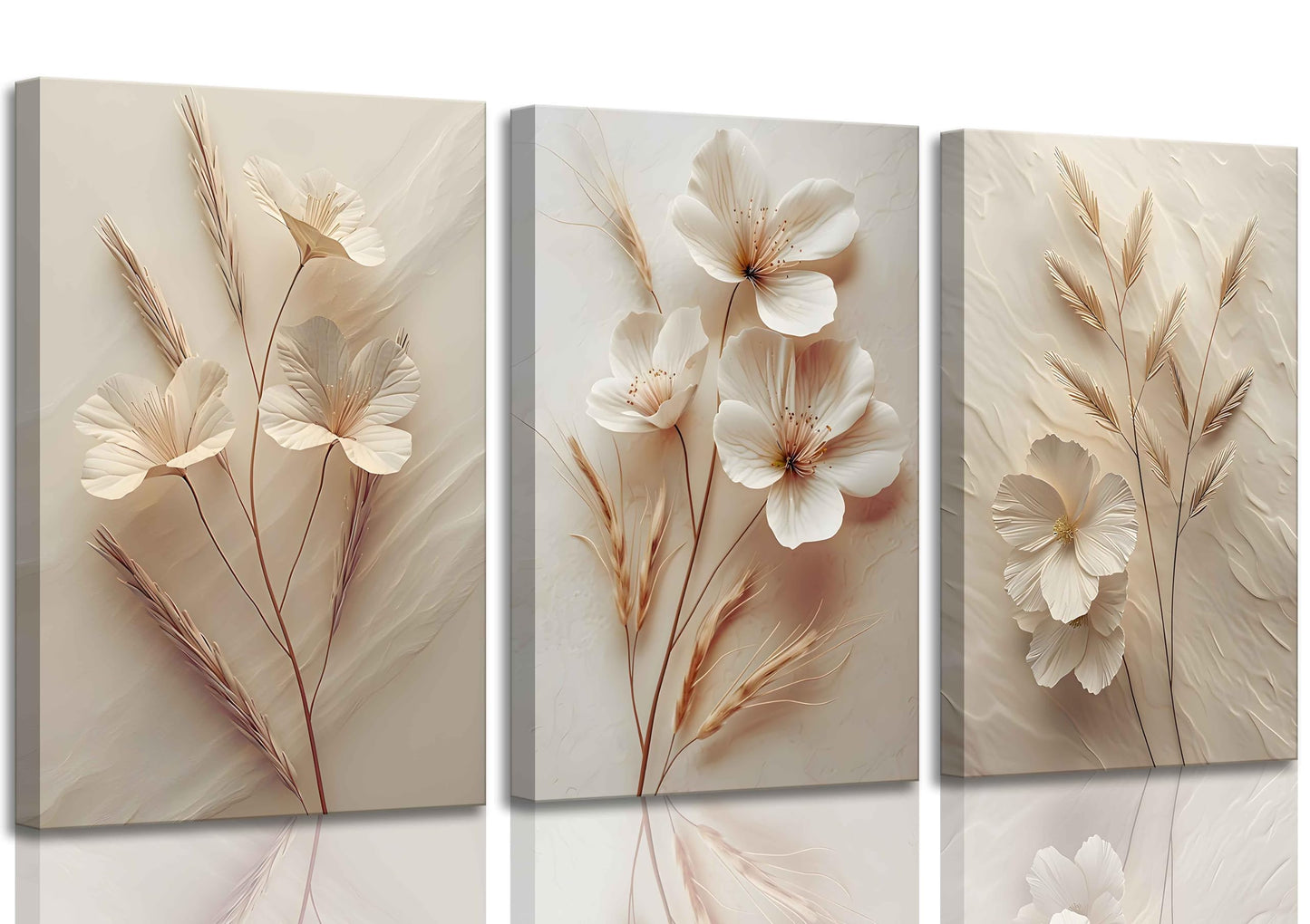 3Pcs Neutral Beige Floral Botanical Canvas Wall Art Modern Simple Texture Flower Plant Painting Wall Decor