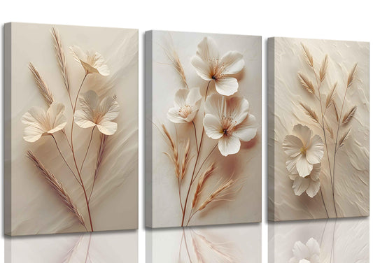 3Pcs Neutral Beige Floral Botanical Canvas Wall Art Modern Simple Texture Flower Plant Painting Wall Decor